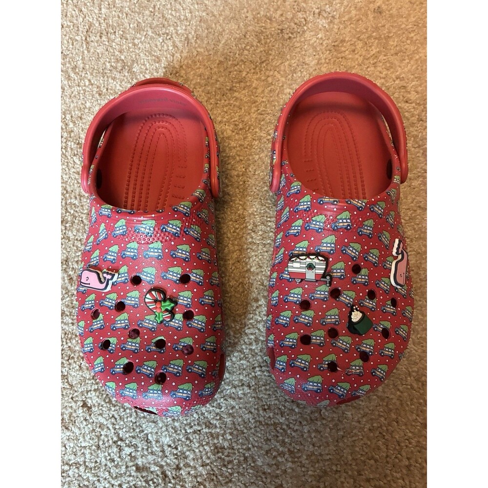 Crocs x Vineyard Vines Classic Clog Red Printed Christmas Jibbitz Women 9 Men 7